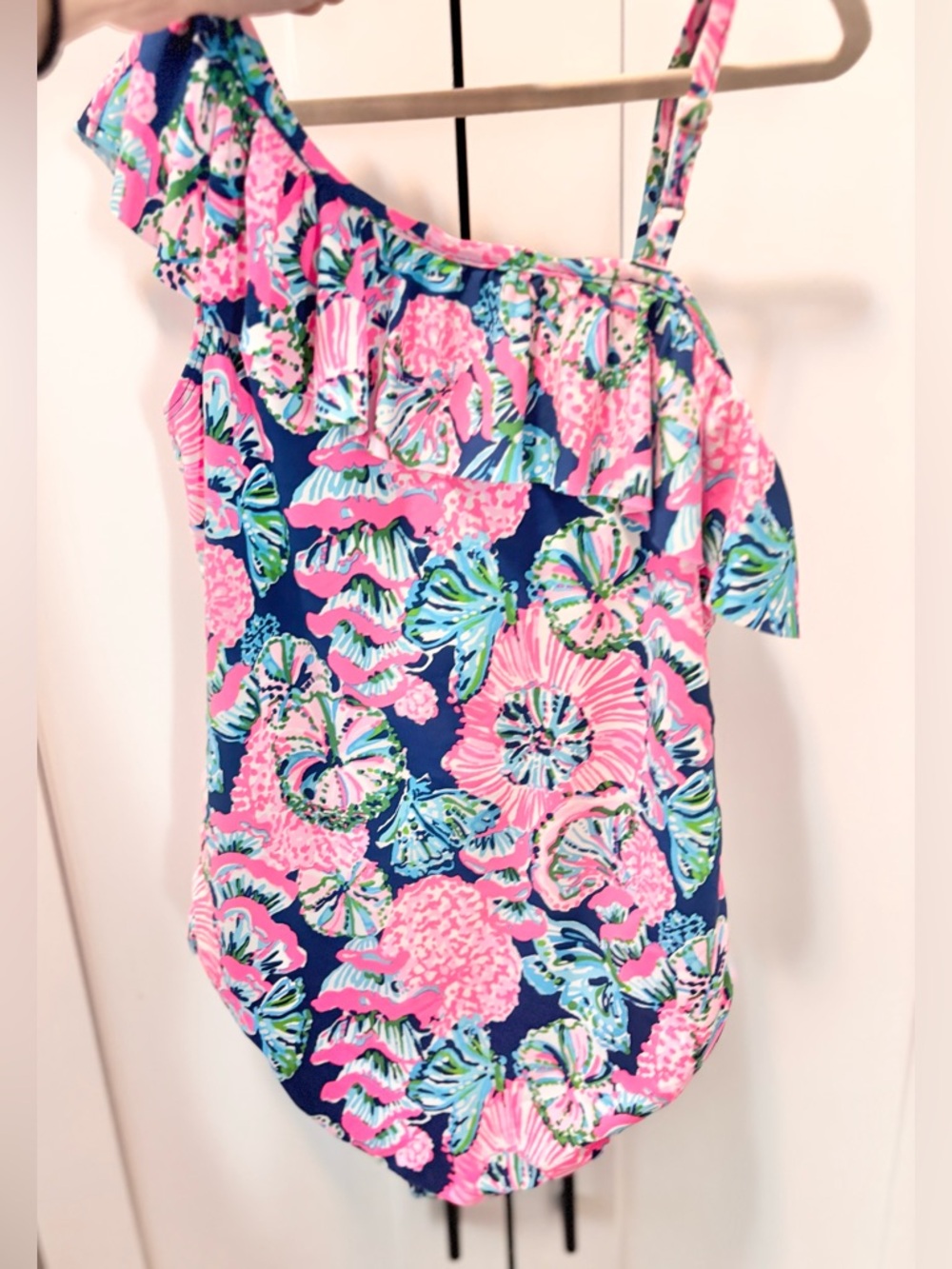 Lilly Pulitzer Girls One-Shoulder Ruffle Swimsuit in Navy, Pink & Green
